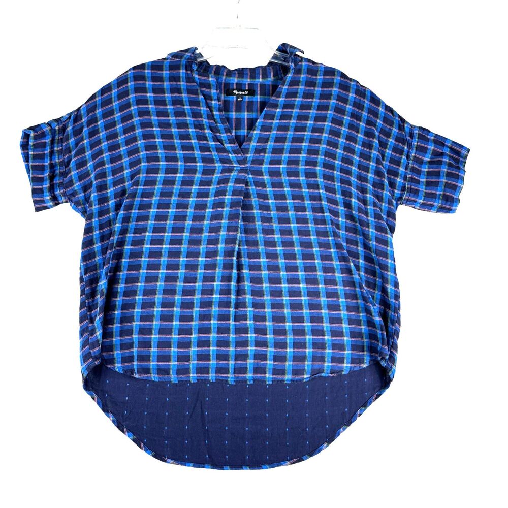 Madewell Top Women's Small Blue Short Sleeve Plaid Casual Comfy Stretch Shirt